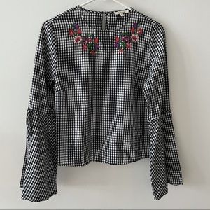 gingham top with floral embroidery